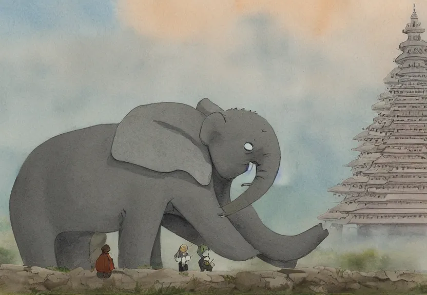 Image similar to a hyperrealist watercolor concept art from a studio ghibli film showing a giant grey chibi elephant. a temple is under construction in the background in india on a misty and starry night. by studio ghibli. very dull muted colors