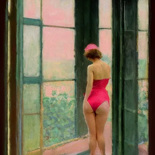 Image similar to A woman looking through a rainy window, back view, wide shot, pink string bikini, modest, 1950s, americana, award-winning, warm colors, by Ilya Repin, deviantart
