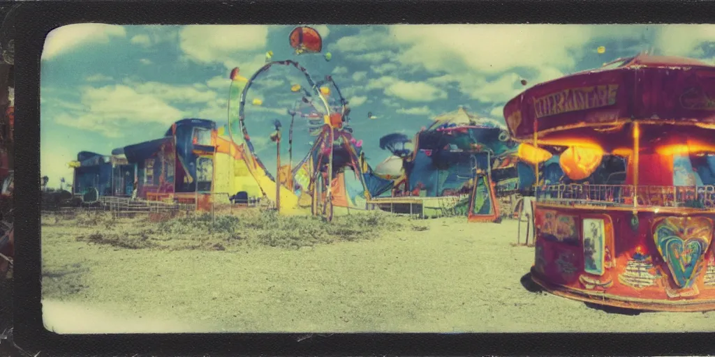 Image similar to polaroid photo of abandoned carnival terrain, vintage colors, lens flare