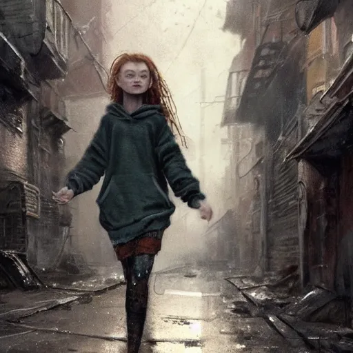 Image similar to sadie sink in oversized hoodie quickly runs by us | a scary robot runs towards us | background : alleyway near decaying tenements. concept art for scifi dystopian film. by nikolay makovsky, bob byerley, wadim kashin, andrea kowch. cinematic moody atmosphere, detailed and intricate, perfect anatomy