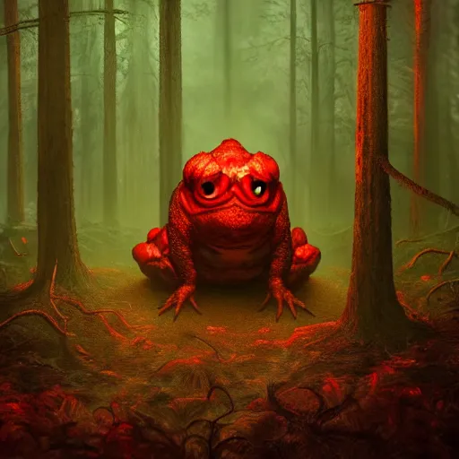 Image similar to giant evil monsterous slimy toad in the dark forest, glowing red eyes, slimy toads, dark night, midnight, foggy, atmospheric, highly detailed, hyperrealistic, gothic horror, trending on artstation, digital art, dark fantasy