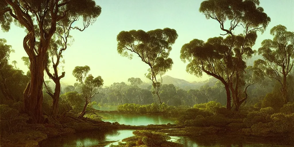 Prompt: painting of a old bluegum tree next to a meandering river by alexei savrasov and thomas cole, artstation