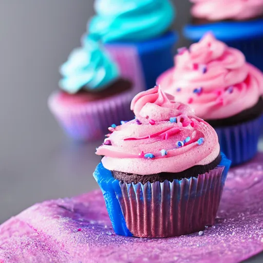 Prompt: blue cupcake with pink frosting and chocolate sprinkles, food photography, centered, bokeh, studio lighting