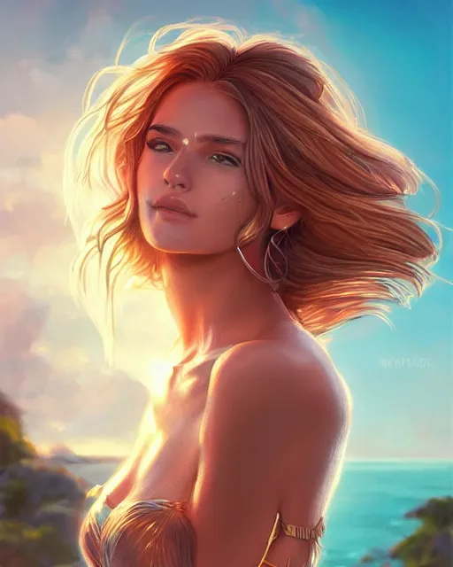 Image similar to summer vibes, beautiful sun tanned goddess portrait, flowy sunkissed hair, sun, summer, cinematic lighting, highly detailed, digital painting, trending on artstation, pixiv, concept art, sharp focus, illustration, art by ross tran and wlop