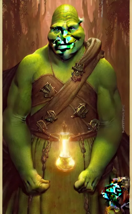 Image similar to shrek dragon gorgeous lighting by weta studio, mucha, bautista and norman rockwell and greg rutkowski and tom bagshaw and james gurney and lucasfilm