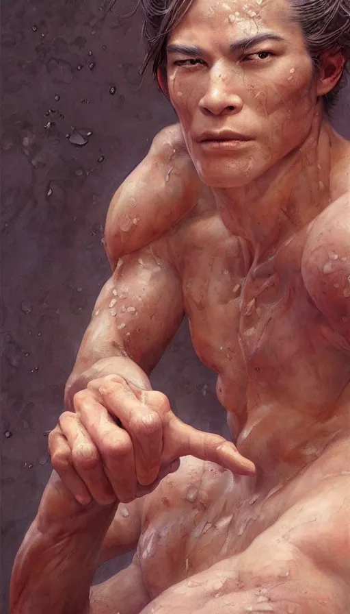 Image similar to epic masterpiece prince goro, sweaty skin, hyperrealistic, octane render, cinematic, beautiful face and flawless skin, perfect hands, 5 fingers, by Edgar Maxence and Ross Tran and Michael Whelan, Legends of Runeterra