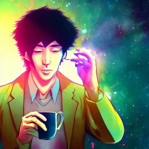 Image similar to A man drinking a cup of cosmic energy bright light by Masafumi Harada, 4k, digital art, surreal, anime style, space dandy style, highly detailed, godsend, artstation