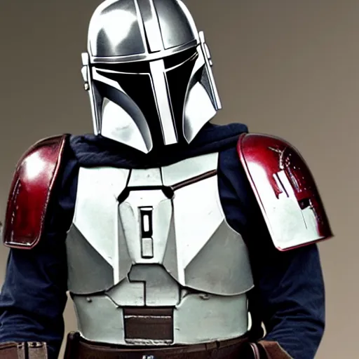 Image similar to Levi Ackerman, wearing a Mandalorian chest plate, holding his helmet. The chest plate is gray, red, gold, green, and white