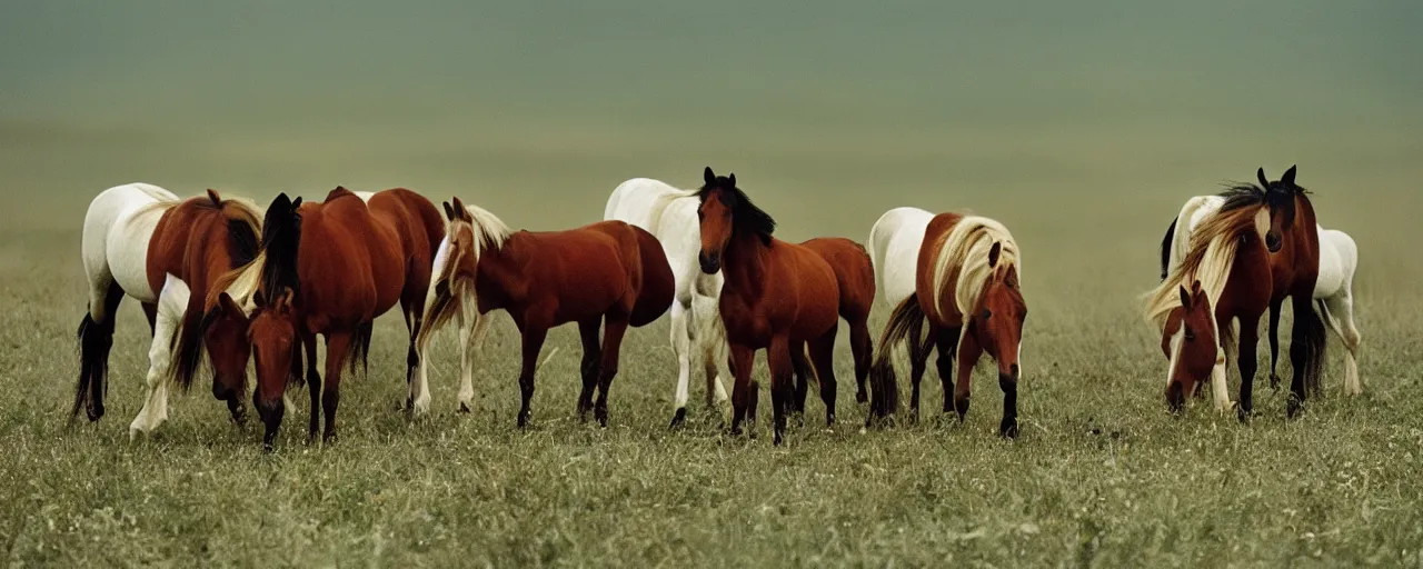 Prompt: wild horses eating spaghetti in a field, in the style of national geographic, canon 5 0 mm, film, kodachrome, retro, muted