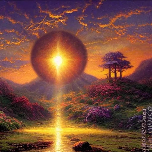 Prompt: A landscape with two suns, one setting and one rising, D&D, fantasy, magic the gathering artwork, symmetrical, desperate, hope, courage, by Thomas Kinkade
