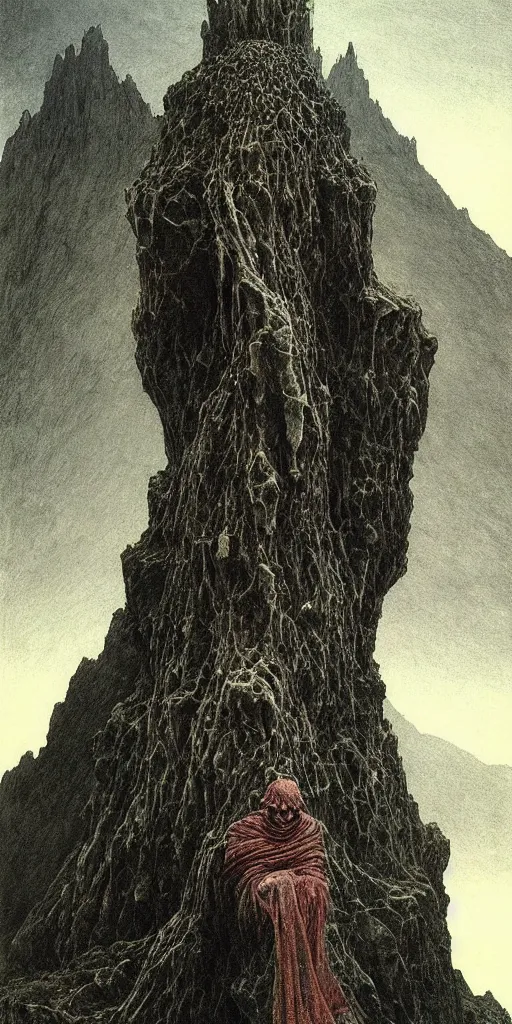 Image similar to A detailed lonley enormous sock with evil eyes stands among the mountains. Wearing a ripped mantle, robe. Perfect face, colossal scale, extremely high details, realistic, fantasy art, solo, masterpiece, art by Zdzisław Beksiński, Arthur Rackham, Dariusz Zawadzki