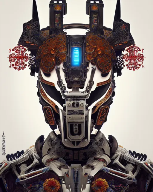 Image similar to symmetry!! portrait of a machine from horizon zero dawn, machine face, decorated with chinese opera motifs, intricate, elegant, highly detailed, digital painting, artstation, concept art, smooth, sharp focus, illustration, art by artgerm and greg rutkowski and alphonse mucha, 8 k