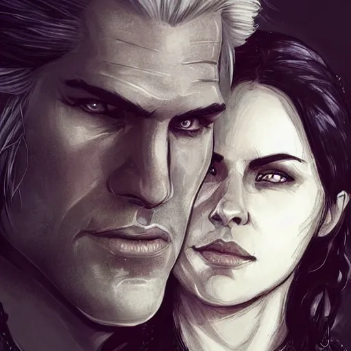 Prompt: Portrait of Geralt of Rivia with a smiling Yennefer of Vengerberg leaning her head on his shoulder, character design, fantasy, intense, dark atmosphere, highly detailed, ArtStation, trending on ArtStation, by Rinotuna