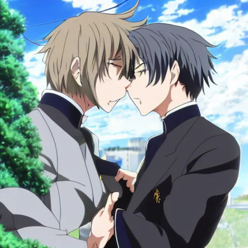 Image similar to key anime visual still portrait of anthropomorphic anthro male grey wolves with handsome eyes, kissing each other, wearing school uniform, official studio anime still