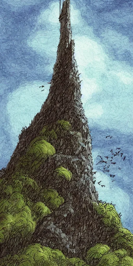 Image similar to a dark tower on a hill drawn by studio ghibli