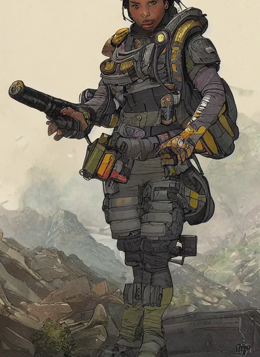 Image similar to apex legends ash. concept art by james gurney and mœbius.