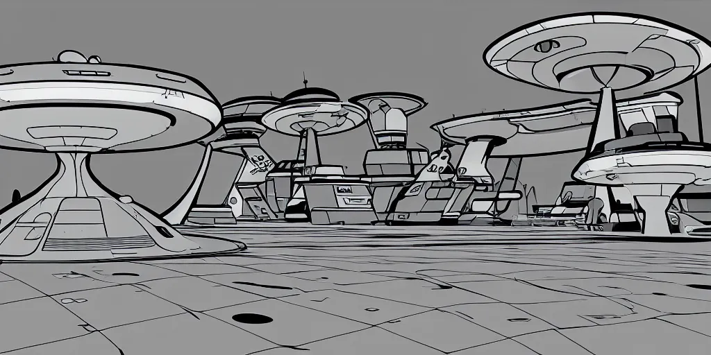 Image similar to futuristic space port in the style of the jetsons cartoon, retro line art, path traced