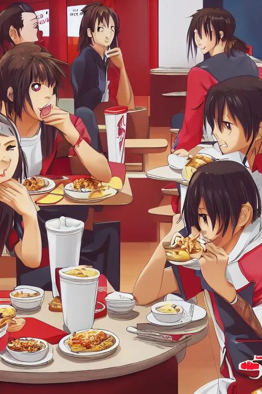 Image similar to a beautiful picture of people have breakfast in kfc, anime, detailed, 8 k