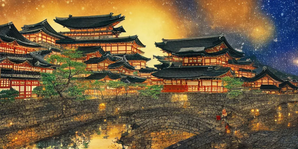 Image similar to a japanese medieval town during autumn at night, painting, beautiful, award winning masterpiece