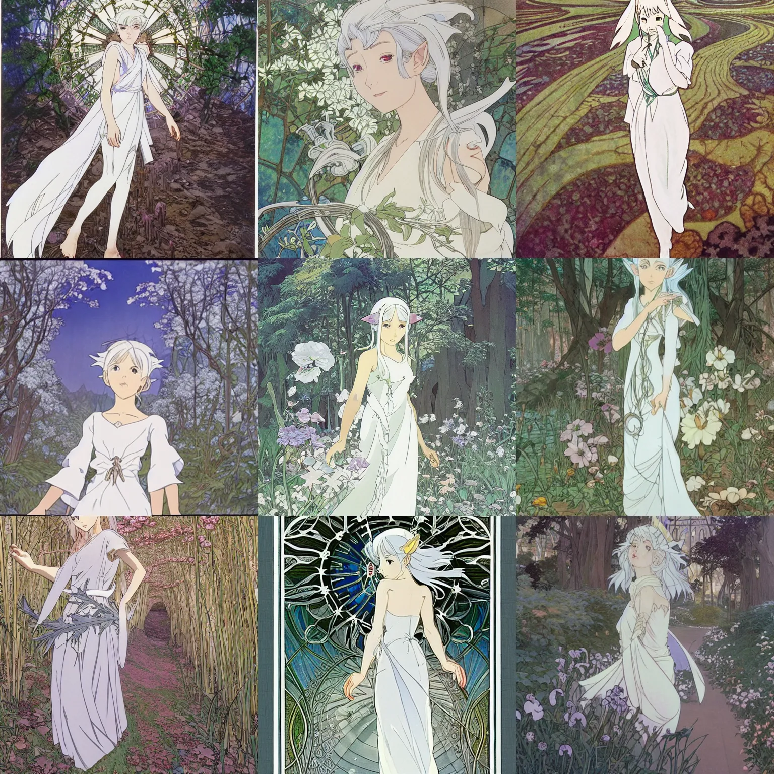 Prompt: Portrait of a beautiful silver-haired elf wearing a white dress walking through a city reclaimed by nature, fantasy, defined facial features, highly detailed, animation cel, official Kyoto Animation and Studio Ghibli anime screenshot, by Satoshi Kon and Alphonse Mucha