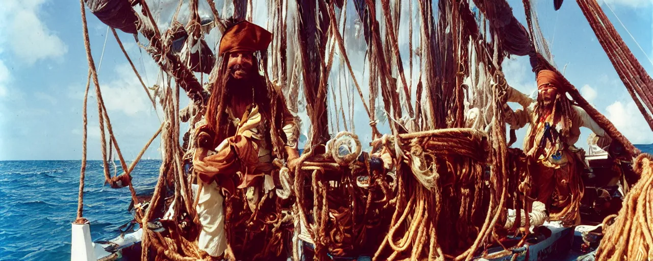 Prompt: the pirate blackbeards spaghetti treasure, aboard his sailboat, caribbean, 1 7 0 0 s, canon 2 0 mm, photograph, kodachrome,