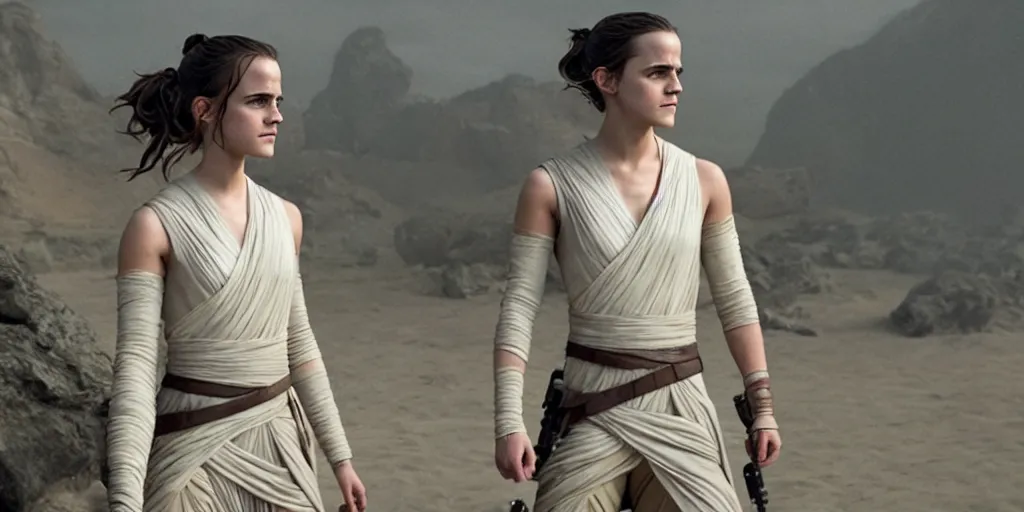 Image similar to emma watson as rey in the new star wars movie, cinematic, detailed