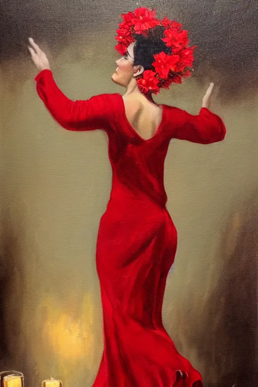 Prompt: vintage detailed oil painting of spanish flamenco dancer in mallorca wearing a red dress made of flowers, dimly lit by candles on the ground, looking away, dark shadows, photo realistic, extreme detail skin, no filter, slr, 4 k, high definition