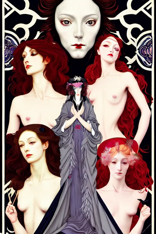 Image similar to a triad of winter muses, style blending æon flux, shepard fairey, botticelli, ivan bilibin, and john singer sargent, inspired by pre - raphaelites, shoujo manga, and harajuku fashion, stark landscape, muted dark colors, superfine inklines, ethereal, otherworldly, 4 k photorealistic, arnold render