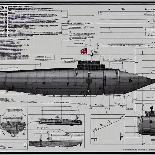 Prompt: detailed blueprint of ussr submarine