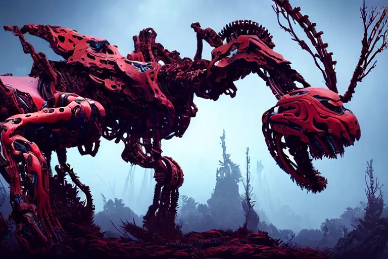 Image similar to portrait of a posed hyper detailed complex, plowhorn evangelion realistic mechanical and fleshy organic creature similar look as horizon forbidden west horizon zero dawn bioluminiscence in a dark deep forest at dawn in spring, with reflection and textures, by kilian eng, substance painter reaslitic mech surface metal painted scratches