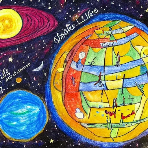 Image similar to childrens drawing of life the universe and everything,