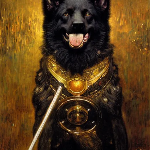 Image similar to a portrait of a black german shepard dogman canine with human eyes smiling holding a staff stick lord of the rings. highly detailed painting by gaston bussiere craig mullins jc leyendecker gustav klimt artgerm greg rutkowski