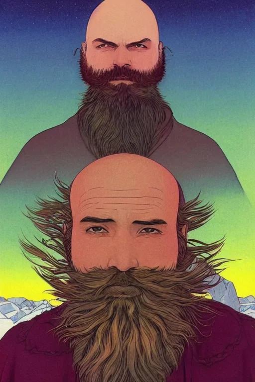 Image similar to a colorful closeup portrait of a handsome young bald man with a very long wild beard dreaming psychedelic hallucinations in the vast icy landscape of antarctica, by kawase hasui, moebius and edward hopper, colorful flat surreal design, hd, 8 k, artstation