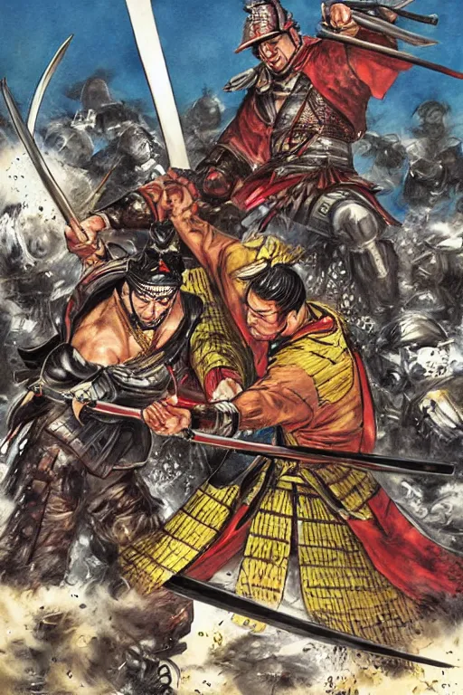 Prompt: samurai duel by mark zug, simon bisley and Daryl Mandryk