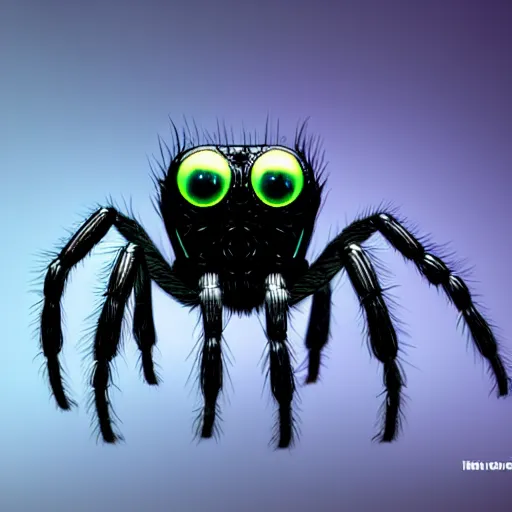 Image similar to a giant jumping spider using a computer keyboard, by pixar, iridescent, character concept art