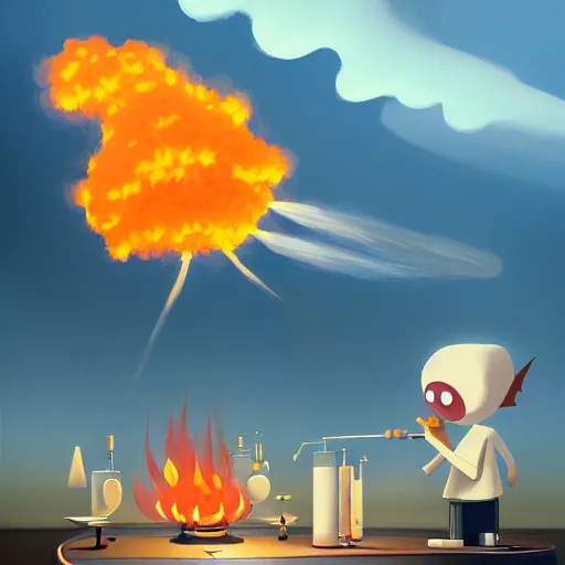 Image similar to goro fujita ilustration a science laboratory, fire and smoke, explosion, painting by goro fujita, sharp focus, highly detailed, artstation