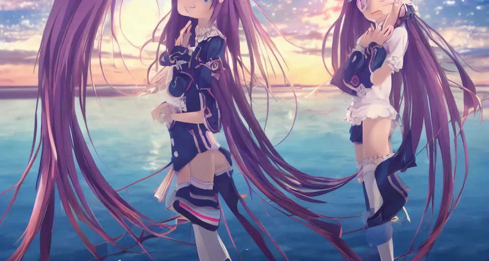 Image similar to one anime girl standing on a pier, blue shiny detailed eyes, looking at the camera, cute, the ocean as background at twilight, big moon above the water, colorful, magical, smooth, extremely detailed, detailed face, 8k, based on Puella Magi Madoka Magica