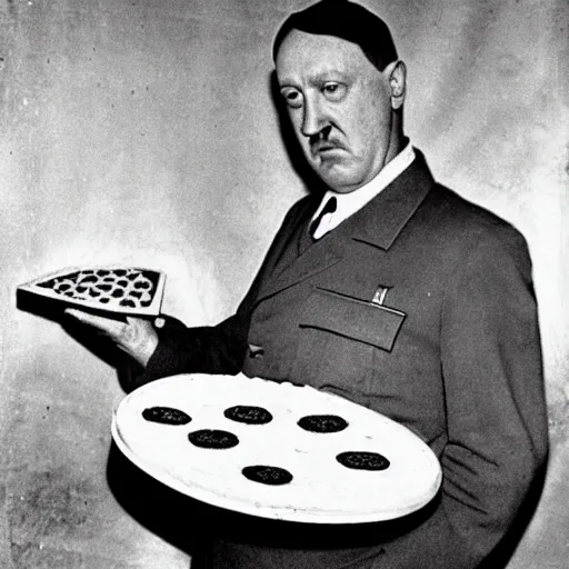 Image similar to hitler making a pizza wearing a pizza man uniform with a swastika on it, photo