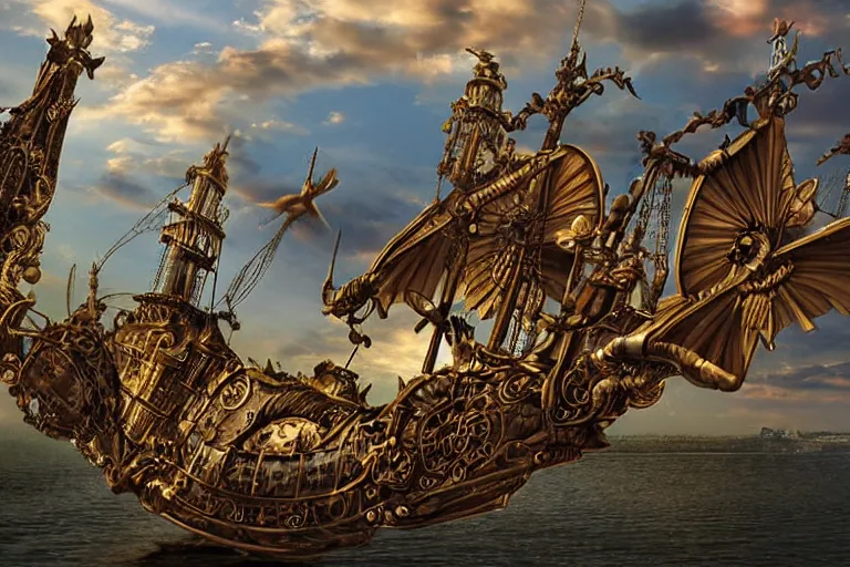 Image similar to Winged steampunk pirate ship in a nice summer evening flying over a medieval french town. All birds are turtles. breathtaking landscape in background. Digital art.