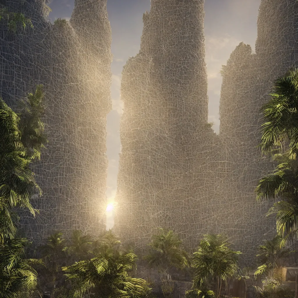 Image similar to photorealistic photo a contemporary babylon tower, golden details, stone facade, sacred geometry architecture, cascading highrise, arid mountains with lush palm forest, god rays, sunlight, post - production, octane, cgi, sfx