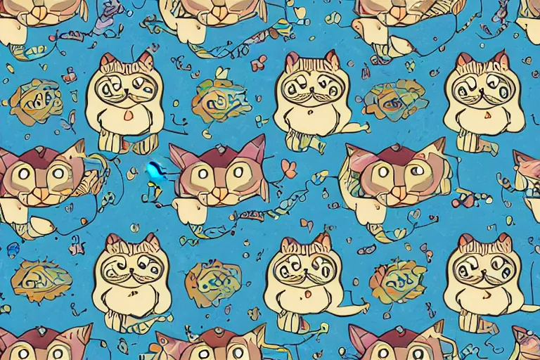 Image similar to beautiful art illustration of a group of happy cats by tony healey, highly detailed, seamless pattern, tiling