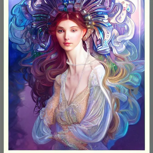 Prompt: a photograpic portrait of a anthropomorphic crystal wearing white clothes, iridescent colors, fantasy, intricate, elegant, highly detailed, digital painting, artstation, concept art, smooth, sharp focus, illustration, art by artgerm and H R Giger and alphonse mucha