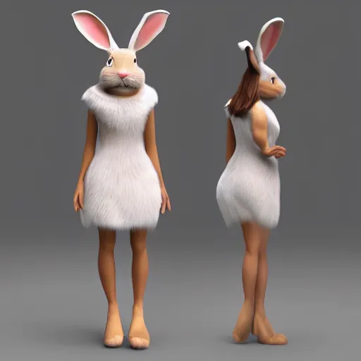 Image similar to beautiful fit furry female anthropomorphic rabbit wearing dress, full body, ultra realistic, vray, 5 5 mm