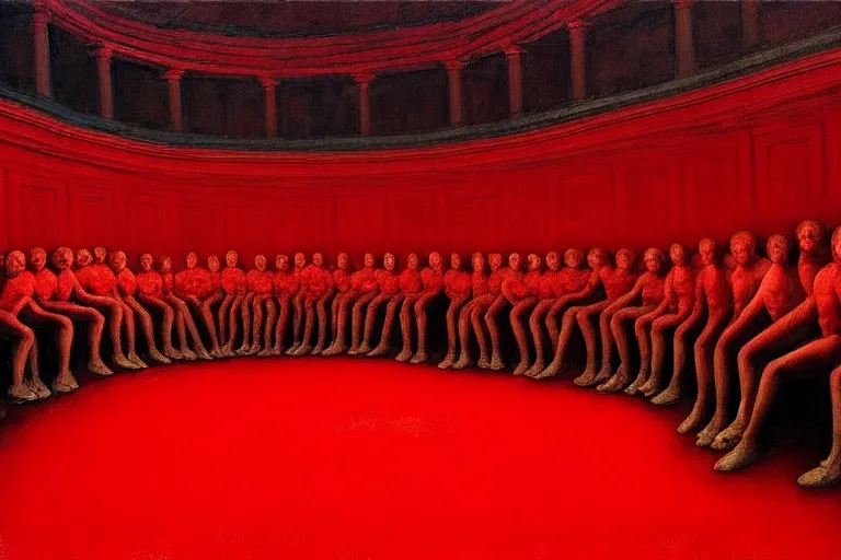 Image similar to only with red, crowd screaming, an exposed painting in a roman theater, in the style of beksinski, parts by edward hopper, parts by rodcenko, parts by yue minjun, intricate and epic composition, red by caravaggio, insanely quality, highly detailed, masterpiece, red light, artstation, 4 k