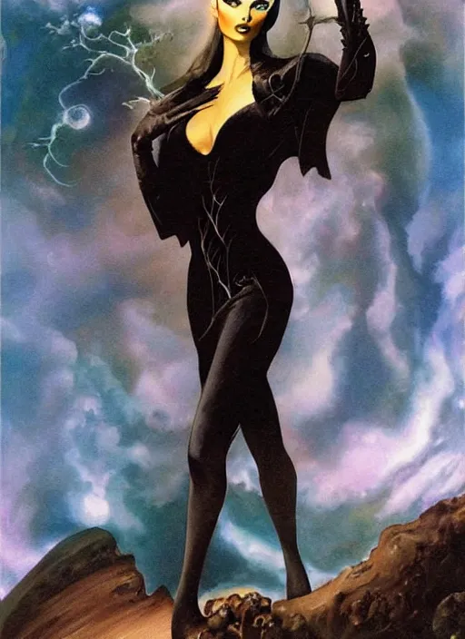 Image similar to slender sylph queen, above the clouds, black iron crown, diamond shimmering dress, strong line, deep color, forest, beautiful! coherent! by boris vallejo, by frank frazetta