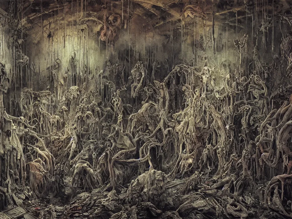 Image similar to an eerie painting of a cacophony of demons sacrificing humans in a grungy derelict georgian manor interior with colourful graffiti on the walls and garbage scattered on the floor, reclaimed by nature by zdzisław beksinski, wayne barlowe, hr giger, luis royo, agostino arrivabene