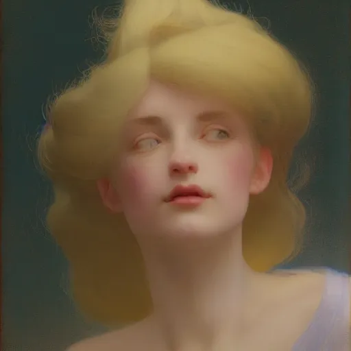 Image similar to a young woman's face, her hair is white and she wears an indigo blue satin cloak, by ivan aivazovsky and syd mead and moebius and gaston bussiere and roger dean and pieter claesz and paul delaroche and alma tadema and aelbert cuyp and willem kalf, hyperrealistic, volumetric light, octane render