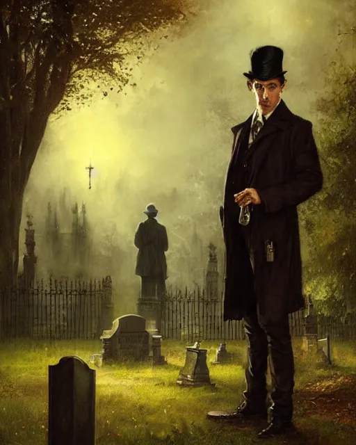 Image similar to sherlock holmes standing in a graveyard, night, detailed, hd, bright, sunny, by tom bagshaw, by fintan magee, by raymond swanland, by sherree valentine daines