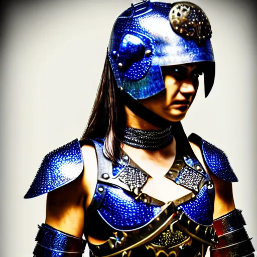 Image similar to photo of a real-life beautiful female warrior with sapphire encrusted armour