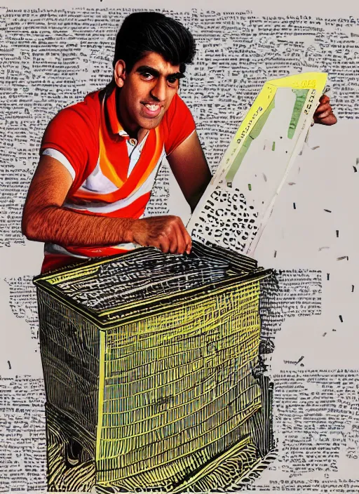 Prompt: A photograph of Rishi Sunak destroying the bible in a shredder, realistic, detailed